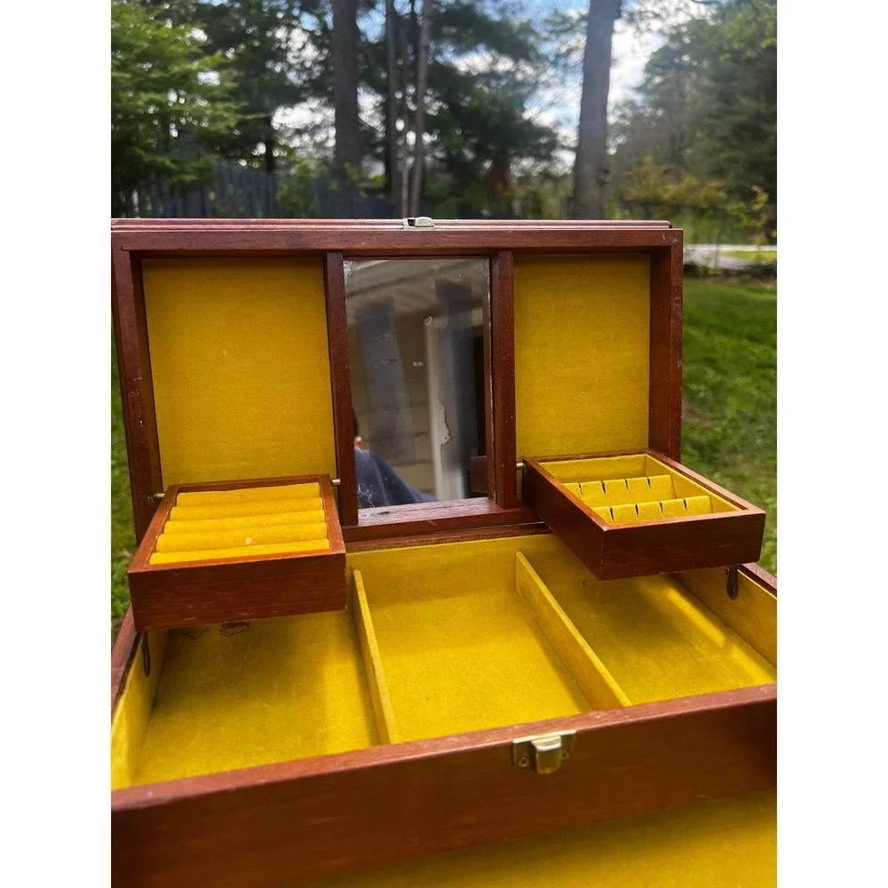 Vtg 70s Floral Wood Jewelry Box‎ Retro Cottagecore Mirror Drawer